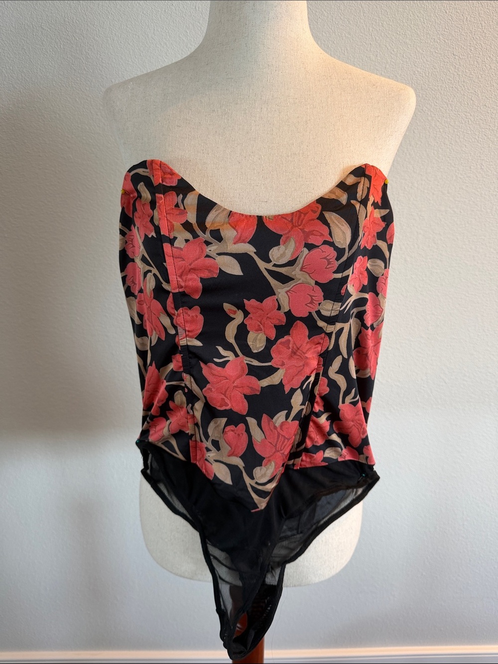 Lulu's Black Floral Strapless Bodysuit with Red and Tan Blooms